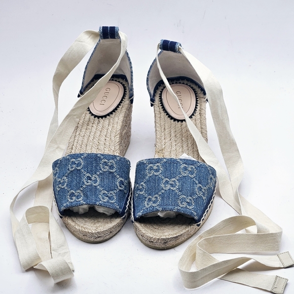 GUCCI Pilar GG Logo Blue Denim Pilar Espadrille Wedge Sandals size 37 7 NEW - Picture 1 of 11